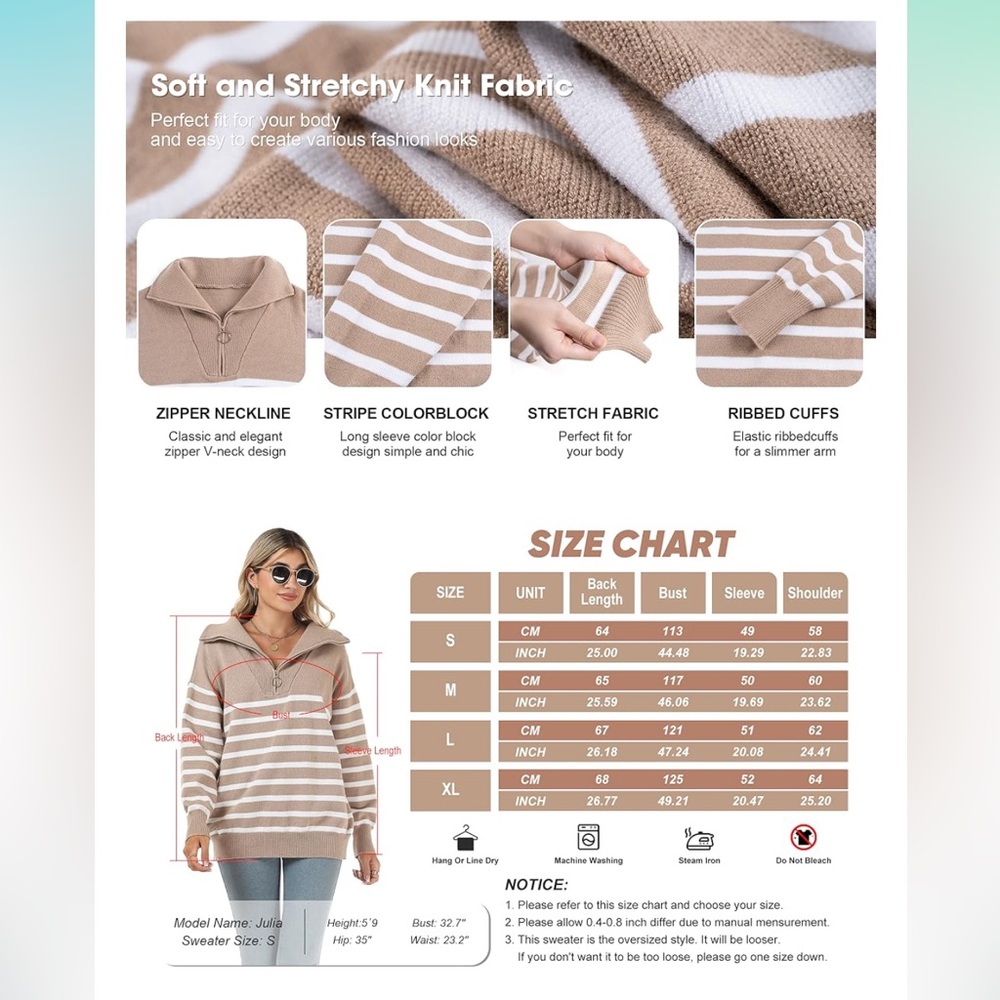 Striped Sweaters Half-Zip Long Sleeve Oversized Pullover - Picture 6 of 12